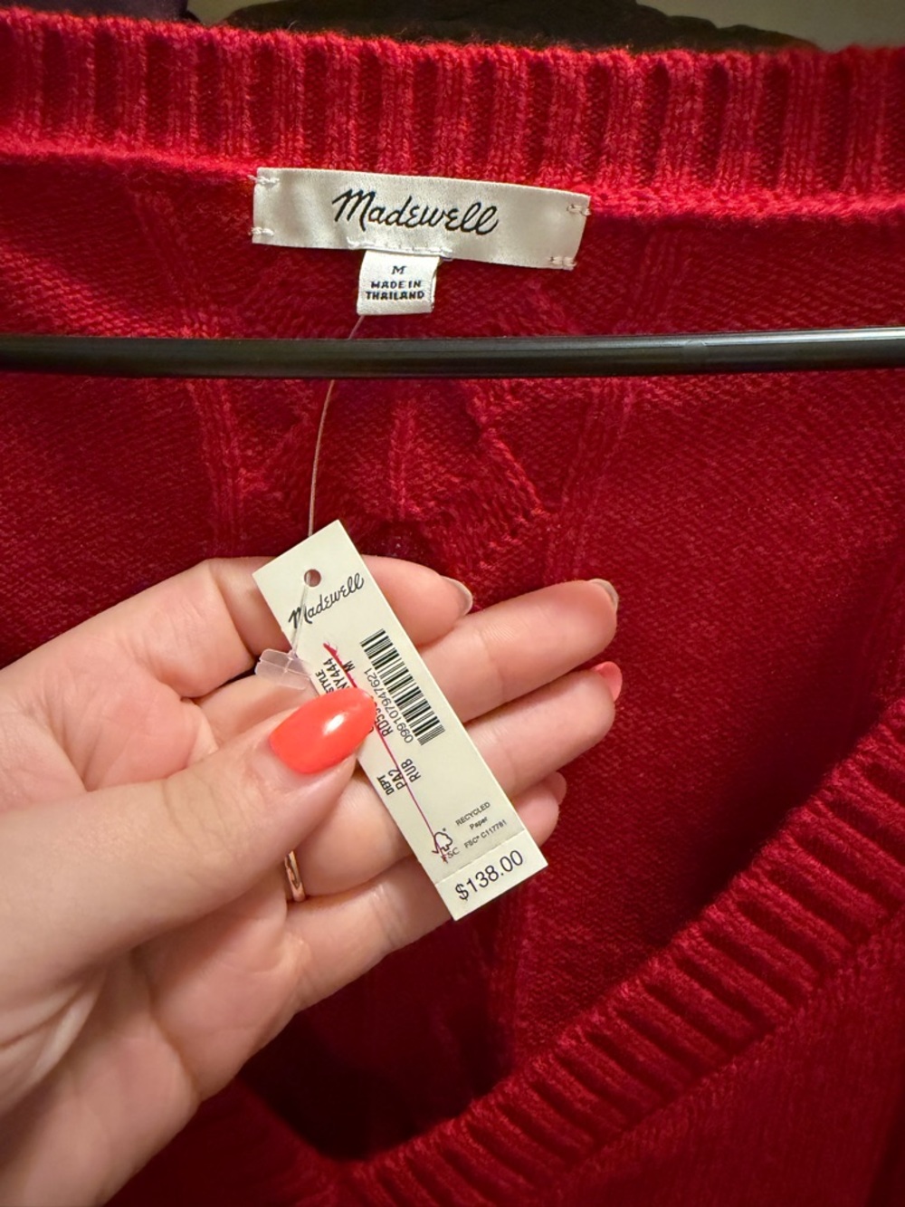 Madewell Cherry Red V-Neck Cable Knit Sweater - Picture 2 of 4
